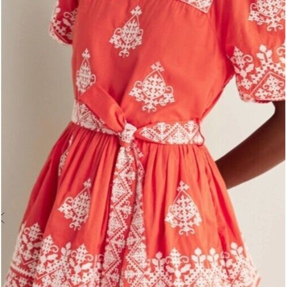 NWT Boden Square Neck Red & White Embroidered Puff Sleeve Rara Dress 8 - Picture 5 of 7